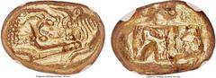 Ancients LYDIAN KINGDOM. Croesus (561-546 BC). AV stater (16mm, 8.08 gm). NGC MS 4/5 - 4/5. Sardes, 'Light' standard, ca. 553-539 BC. Confronted foreparts of lion on left and bull on right, both with 
