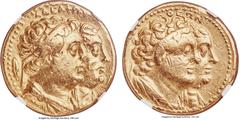 Ancients PTOLEMAIC EGYPT. Ptolemy II Philadelphus, with Arsinoe II, Ptolemy I, and Berenice I (285/4-246 BC). AV mnaieion or octodrachm (27mm, 27.65 gm, 12h). NGC Choice VF 5/5 - 2/5, ex-jewelry. Alex