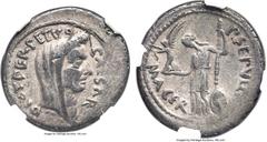 Ancients Julius Caesar, as Dictator (49-44 BC). AR denarius (19mm, 3.74 gm, 5h). NGC VF 4/5 - 2/5, bankers marks. Rome, February-March 44 BC, P. Sepullius Macer, moneyer. CAESAR-DICT•PERPETVO, veiled 
