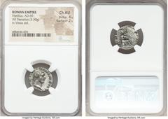 Ancients Vitellius (AD 69). AR denarius (18mm, 3.30 gm, 6h). NGC Choice AU 4/5 - 2/5. Rome, July-December AD 69. A VITELLIVS GERM IMP AVG TR P, laureate head of Vitellius right / PONT-MAXIM, Vesta, ve