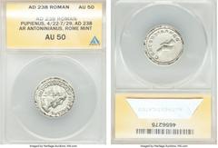 Ancients Pupienus (April-June AD 238) / Balbinus (April-June AD 238). Hybrid AR antoninianus (23mm, 6h). ANACS AU 50. Rome, AD 238. IMP CAES M CLOD PVPIENVS P F AVG, radiate, draped and cuirassed bust