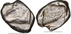 Ancients Greek LYCIA. Phaselis. Ca. 500-440 BC. AR stater (23mm, 6h). NGC Choice Fine. Prow of galley left in the form of a forepart of a boar, three shields above / ΦΑΣ, stern of galley right with ta