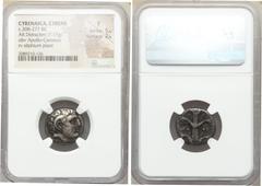 Ancients Greek CYRENAICA. Cyrene. Magas (ca. 308-277 BC). AR didrachm (18mm, 7.17 gm, 12h). NGC Fine 5/5 - 2/5. Rhodian standard. Bare head of Apollo-Carneius right, with horn of Ammon / KY-PA, silphi