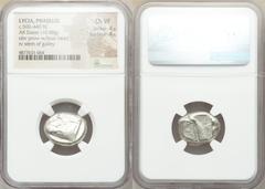 Ancients Greek LYCIA. Phaselis. Ca. 500-440 BC. AR stater (19mm, 10.88 gm, 10h). NGC Choice VF 4/5 - 4/5. Prow of galley left in the form of a forepart of a boar, three shields above / ΦΑΣ, stern of g