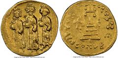 Ancients Byzantine Heraclius (AD 610-641), with Heraclius Constantine and Heraclonas. AV solidus (19mm, 4.36 gm, 6h). NGC XF, clipped, graffito. Constantinople, 5th officina, ca. AD 639-641. Heraclius