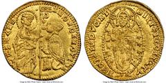 Crusader States Chios. Anonymous gold Imitative Ducat ND (1343-1354) AU53 NGC, Fr-2c. Imitating a gold Venetian Ducat of Andrea Dandolo.HID05401242017.