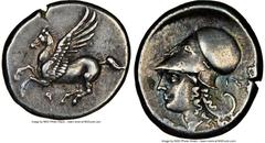 Ancients Greek CORINTHIA. Corinth. Ca. early-mid 4th century BC. AR stater (21mm, 8.51 gm, 9h). NGC XF 5/5 - 4/5. Pegasus with pointed wing flying left, Ϙ below / Head of Athena left, wearing Corinthi