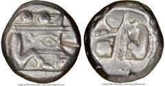 Ancients Greek LYCIA. Phaselis. Ca. 530-500 BC. AR stater (19mm) NGC XF, test cut. Prow of galley left, in the form of a boar's head and foreleg, three shields above / Incuse square punch with two par