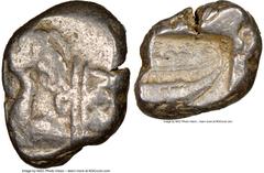 Ancients Greek LYCIA. Phaselis. Ca. 500-440 BC. AR stater (21mm, 2h). NGC VF. Prow of galley left in the form of a forepart of a boar, three shields above / ΦΑΣ, stern of galley right within incuse sq