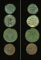 Lot of four Byzantine bronze coins. Includes: Justinian I. Follis. Constantinople // Phocas. Follis. Nicomedia // Leo VI. Follis. Constantinople // Anonymous. Follis. Constantinople. Average Fair to F
