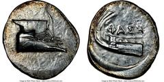 Ancients Greek LYCIA. Phaselis. Ca. 4th century BC. AR stater (23mm, 2h). NGC AU, brushed. Prow of galley right with fighting platform, gunwale decorated with eye / ΦAΣH above galley stern to left. He