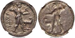 Ancients Greek BRUTTIUM. Caulonia. Late 6th century BC. AR stater or nomos (30mm, 8.15 gm, 12h). NGC AU 4/5 - 5/5. KAVΛ, full-length figure of nude Apollo advancing right, olive branch in left hand, s