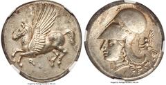 Ancients Greek CORINTHIA. Corinth. Ca. 4th century BC. AR stater (21mm, 8.56 gm, 1h). NGC MS S 5/5 - 5/5. Ca. 375-300 BC. Pegasus flying left; Ϙ below / Head of Athena left, wearing Corinthian helmet 