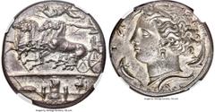 Ancients Greek SICILY. Syracuse. Time of Dionysius I (405-367 BC). AR decadrachm (35mm, 42.17 gm, 9h). NGC Choice AU 4/5 - 5/5, Fine Style. Reverse die signed by Euainetos, ca. 400 BC. Racing quadriga