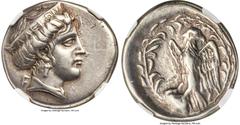 Ancients Greek ELIS. Olympia. Ca. 336 BC. AR stater (25mm, 12.10 gm, 10h). NGC XF S 4/5 - 4/5. Hera Mint, 111th Olympiad. Head of Hera right, wearing pendant earring and stephane inscribed FΑΛΕΙΩΝ ('o