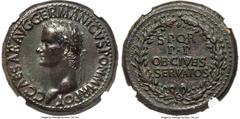 Ancients Roman Imperial Gaius 'Caligula' (AD 37-41). AE sestertius (35mm, 29.15 gm, 6h). NGC AU 5/5 - 3/5, Fine Style, repatinated. Rome, AD 37-38. C CAESAR•AVG•GERMANICVS•PON•M•TR•POT•, laureate head