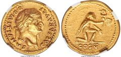 Ancients Roman Imperial Domitian, as Caesar (AD 81-96). AV aureus (20mm, 7.28 gm, 5h). NGC Choice XF 5/5 - 4/5. Rome, AD 77-78. CAESAR AVG F-DOMITIANVS, laureate head of Domitian right / COS V, Parthi