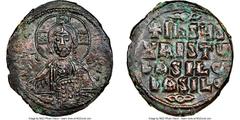 Ancients Byzantine Anonymous. Class A3. Time of Basil II and Constantine VIII (AD 1020-1028). AE follis (28mm, 10.72 gm, 6h). NGC Choice AU 4/5 - 3/5. Constantinople. +EMMA-NOVHΛ, bust of Christ facin