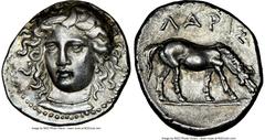 Ancients Greek THESSALY. Larissa. 4th century BC. AR drachm (19mm, 5.93 gm, 5h). NGC AU 5/5 - 3/5, Fine Style. Head of the nymph Larissa three-quarter facing left, wearing necklace / ΛΑΡΙΣ, horse with