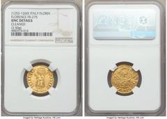 Italy Florence. Republic gold Florin ND (1252-1260) UNC Details (Cleaned) NGC, Fr-275, CNI-XIIa.8, MIR-3/3 (R2). 3.50gm. Third Series, Type C. +FLOR | ENTIA, stylized lily / S: IOHA | NNES • B •, St. 