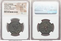 Ancients Roman Provincial LYCIA. Candyba. Tranquillina (AD 241-244). AE (28mm, 16.24 gm, 12h). NGC XF 4/5 - 2/5. Draped bust of Tranquillina right / KANΔVBЄ ω N, Tyche standing left, holding rudder on