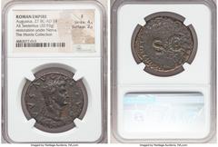 Ancients Roman Imperial Divus Augustus (27 BC-AD 14). AE sestertius (32mm, 20.93 gm, 5h). NGC Fine 4/5 - 2/5. Rome, Restoration issue under Nerva, AD 98. DIVVS AVG-VSTVS, laureate head of Divus August