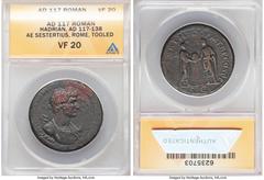 Ancients Roman Imperial Hadrian (AD 117-138). AE sestertius (33mm, 6h). ANACS VF 20, tooled. Rome, AD 117. IMP CAES DIVI TRAIAN AVG F TRAIAN HADRIAN OPT AVG GER, laureate, cuirassed, heroic bust of Ha