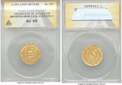 Crusader States Kingdom of Jerusalem. temp. Baldwin III to Guy de Lusignan Imitative Dinar (Bezant) ND (AH 1148-1187) AU55 ANACS, A-730, CCS-4. Second Phase. Imitating a dinar of Fatimid Caliph al-Ami