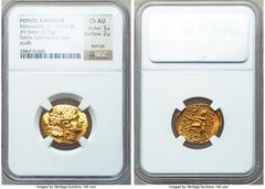 Ancients Greek PONTIC KINGDOM. Mithradates VI (120-63 BC). AV stater (21mm, 8.25 gm, 1h). NGC Choice AU 5/5 - 2/5, test cut, scuffs. Late posthumous issue in name and types of Lysimachus of Thrace, To