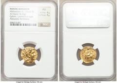 Ancients Greek PONTIC KINGDOM. Mithradates VI (120-63 BC). AV stater (18mm, 8.25 gm, 12h). NGC AU 4/5 - 4/5. Types of Lysimachus of Thrace, Callatis, ca. 88-86 BC. Diademed head of deified Alexander I