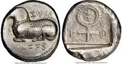 Ancients Greek CYPRUS. Salamis. Nicodamus (ca. 460-450 BC). AR stater (20mm, 11h). NGC Choice VF. e-u-we-le-to-to-se (Cypriot=Euelthon (father of Nicodamus)), ram recumbent left; dotted border / ni-ko