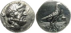 Lycia, Oinoanda. Ca. 200 B.C. AR didrachm (21 mm). Laureate head of Zeus right, lotus-tipped sceptre over shoulder; B behind / Eagle, wings closed, standing right on winged thunderbolt; Gamma and grap