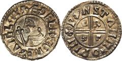 Late Anglo-Saxon coinage, Aethelred II (AD 978-1016), crux penny, S-1148, N-770: bare-headed bust facing left, with a scepter in the left field, AEDELRAED REX ANGLOX, cross (“Anglox” is a variant on “