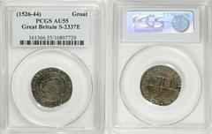 Henry VIII (1509-47) Groat, S-2337E, 2nd Coinage issue with crowned portrait left (1526-44), Pansy mm (used 1514-26 at York, thus struck in 1526), AU55 PCGS, a wonderful coin of great strike and deep 