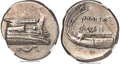 Ancients Greek LYCIA. Phaselis. Ca. 250-220 BC. AR stater (22mm, 10.35 gm, 6h). NGC Choice XF S 4/5 - 4/5. Politas, magistrate. Prow of galley right; sea horse right below / ΦAΣH, stern of galley left