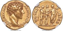 Ancients Roman Imperial Marcus Aurelius, as Caesar (AD 161-180). AV aureus (18mm, 7.01 gm, 6h). NGC Choice VF 5/5 - 3/5, Fine Style, edge marks. Rome, AD 145-146. AVRELIVS CAES-AR AVG PII F COS II, ba