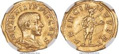 Ancients Roman Imperial Philip II, as Caesar (AD 247-249). AV aureus (20mm, 4.11 gm, 6h). NGC Choice VF 5/5 - 2/5, wrinkled, marks. Rome, AD 244-246. M IVL PHILIPPVS CAES, bare headed, draped bust of 