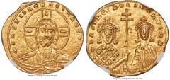 Ancients Byzantine Basil II Bulgaroctonos (AD 976-1025), with Constantine VIII. AV tetarteron nomisma (22mm, 4.03 gm, 7h). NGC MS 4/5 - 3/5, clipped. Constantinople, AD 977-989. + IhS XIS RЄX REϚNANTI