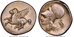 Ancients Greek CORINTHIA. Corinth. Ca. 345-307 BC. AR stater (22mm, 8.54 gm, 5h). NGC Choice XF. Pegasus with pointed wing flying left; Ϙ below / Head of Athena left, wearing laureate Corinthian helme