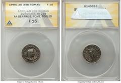 Ancients Roman Imperial Gordian II Africanus (March-April AD 238). AR denarius (19mm, 11h). ANACS Fine 15, tooled. Rome. IMP M ANT GORDIANVS AFR AVG, laureate, draped and cuirassed bust of Gordian II 