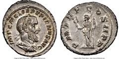 Ancients Roman Imperial Pupienus (April-June AD 238). AR denarius (21mm, 3.29 gm, 5h). NGC MS 4/5 - 5/5. Rome. IMP C M CLOD PVPIENVS AVG, laureate, draped and cuirassed bust of Pupienus right, seen fr