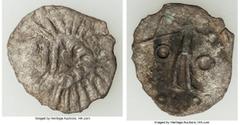 Ancients Byzantine EARLY GOTHS. Taman Peninsula Region. Late AD 3rd-mid 4th centuries. BI denarius (18mm, 1.66 gm, 11h). VF. Degraded male head right of abstract design, rays emanating from central fi