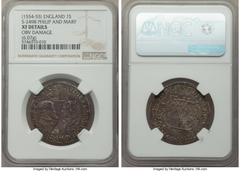 Great Britain Philip II of Spain & Mary I (1554-1558) Shilling ND (1554-1555) XF Details (Obverse Damage) NGC, S-2498. 6.07gm. On the whole a remarkably nice rendition of this almost ubiquitously worn