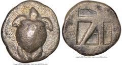 Ancients Greek SARONIC ISLANDS. Aegina. Ca. 480-457 BC. AR obol (10mm). NGC XF 5/5 - 3/5. Sea turtle with smooth shell seen from above / Large skew incuse pattern of five sunken compartments. HGC 6, 4