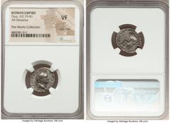 Ancients Roman Imperial Titus, as Augustus (AD 79-81). AR denarius (19mm, 5h). NGC VF, edge chip. Rome, after 1 July AD 79. IMP TITVS CAES VESPASIAN AVG P M, laureate head of Titus right / TR P VIIII 