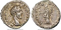 Ancients Roman Imperial Commodus (AD 177-192). AR denarius (18mm, 5h). NGC Choice XF. Rome, AD 181-182. M COMMODVS AN-TONINVS AVG, laureate head of Commodus right / LIB AVG V TR P VII IMP III COS III 