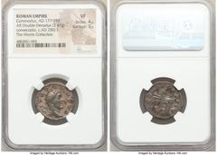 Ancients Roman Imperial Divus Commodus (AD 177-192). AR antoninianus (22mm, 3.47 gm, 1h). NGC VF 4/5 - 3/5. Rome, ca. AD 250-251. DIVO COMMODO, radiate head of Divus Commodus right / CONSECRATIO, alta