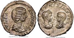 Ancients Roman Imperial Julia Domna (AD 193-217). AR denarius (19mm, 2.72 gm, 12h). NGC AU 4/5 - 2/5. Rome, AD 196-211. IVLIA AVGVSTA, draped bust of Julia Domna right, seen from front, hair braided i