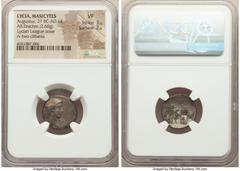 Ancients Roman Provincial LYCIA. Masicytes. Augustus (27 BC-AD 14). AR drachm (18mm, 2.66 gm, 12h). NGC VF 3/5 - 2/5. Λ-Y, bare head of Augustus right / M-A, two citharas; aphlaston between. Troxell, 