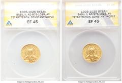 Ancients Byzantine Basil II Bulgaroctonos (AD 976-1025), with Constantine VIII. AV tetarteron nomisma (20mm, 7h). ANACS XF 45. Constantinople, AD 1005-1025. + IhS XIS RЄX REϚNANTIhm, bust of Christ fa